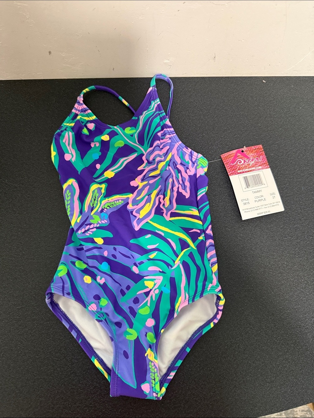 Kanu Surf Girls One-Piece Swimsuit - Purple with Teal & Pink Tropical Print